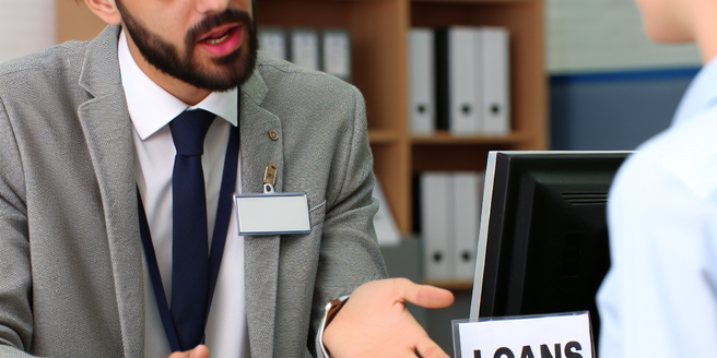 A bank teller behind a counter talking about loans