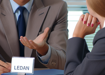 A borrower and lender in a formal meeting discussing loan terms