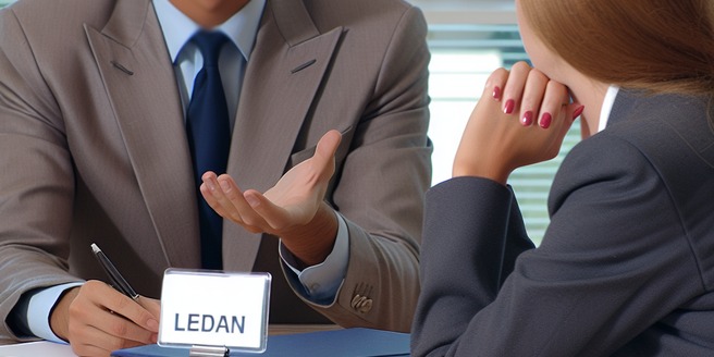 A borrower and lender in a formal meeting discussing loan terms