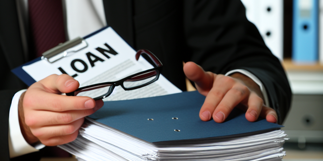 A businessman reviewing a stack of loan papers and documents on his desk