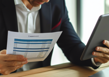 A businessman reviewing his company expenses and budget on a digital tablet
