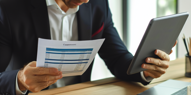 A businessman reviewing his company expenses and budget on a digital tablet