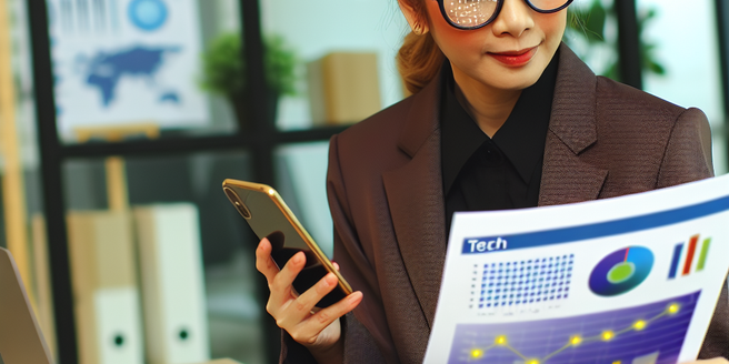 A businesswoman analyzing a report on tech trends in a corporate setting