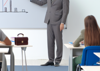A classroom setup where a professor is explaining the concept of interest rates.
