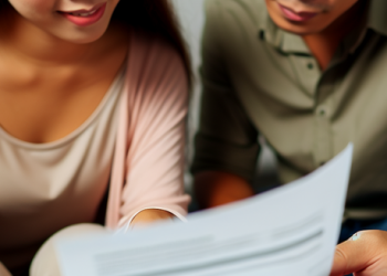 A close-up view of a young couple reviewing their financial paperwork