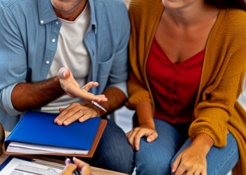A couple discussing their monetary goals with a financial planner at a home setup