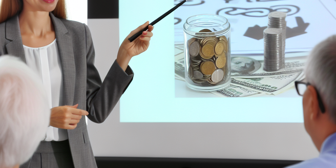 A financial advisor explaining the concept of retirement saving plans to a group in a seminar