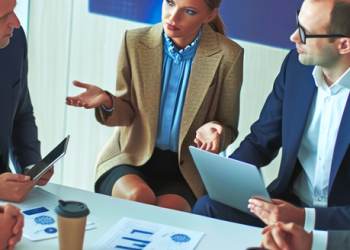 A group of financiers discussing ai applications in fintech