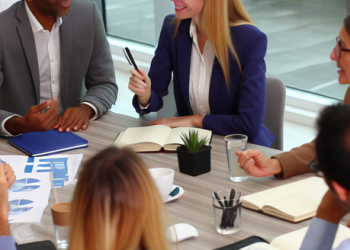 A group of individuals in a meeting room discussing investment strategies