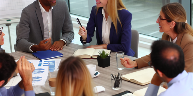 A group of individuals in a meeting room discussing investment strategies