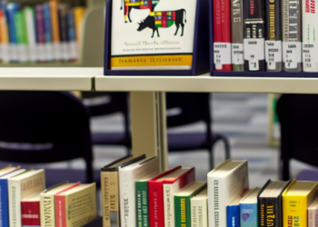 A library display of books focusing on stock market and investment strategies