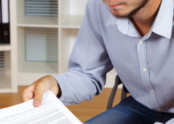 A man examining the terms of a loan document in a bank