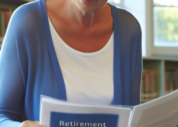 A mature woman reviewing her retirement investment plan document in a quiet library