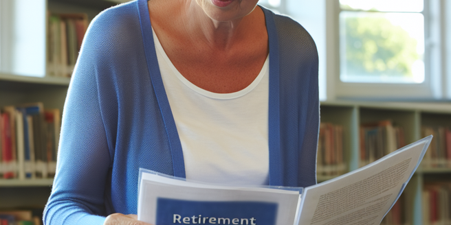 A mature woman reviewing her retirement investment plan document in a quiet library