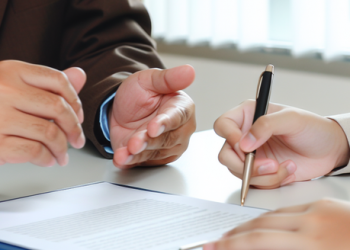 A person signing a document with another person supervising and giving advice