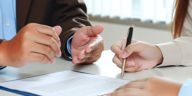 A person signing a document with another person supervising and giving advice