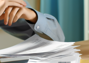 A person sitting at a desk, addressing a pile of unpaid bills and invoices