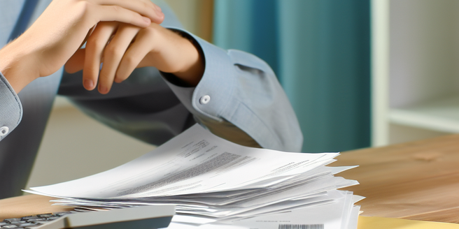 A person sitting at a desk, addressing a pile of unpaid bills and invoices