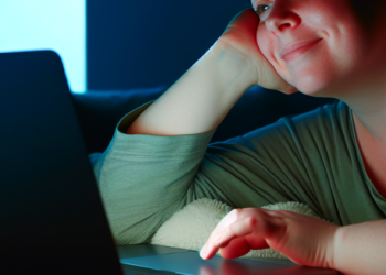 A relaxed person looking at their laptop late at night, illustrating a possible method of passive income