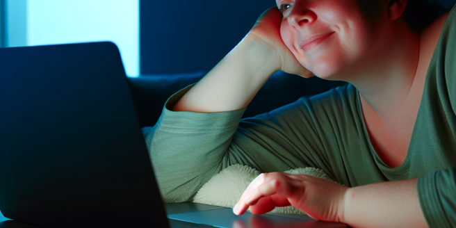 A relaxed person looking at their laptop late at night, illustrating a possible method of passive income