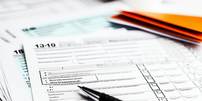A table filled with different kind of tax forms and a pen