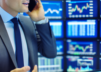 A well dressed broker speaking on a cellular phone while looking at multiple screens displaying graphs and numbers