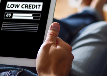 A wide shot of an individual sitting on a couch, reading about low credit scores on a tablet