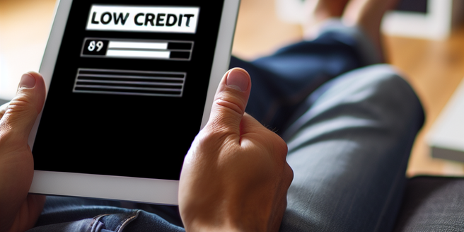 A wide shot of an individual sitting on a couch, reading about low credit scores on a tablet