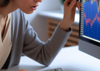 A woman at a desk scrutinizing stock market data on her computer