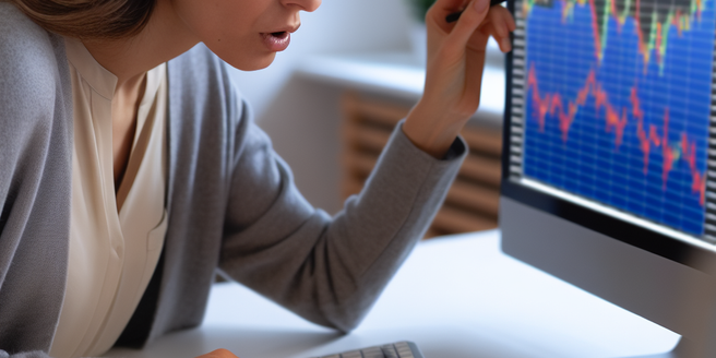 A woman at a desk scrutinizing stock market data on her computer