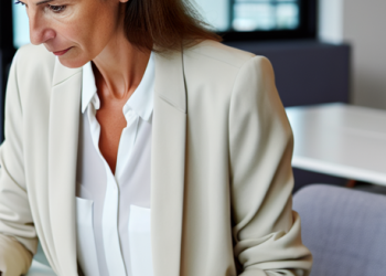 A woman carefully studying a financial report in her contemporary office