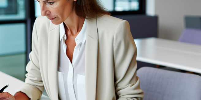 A woman carefully studying a financial report in her contemporary office