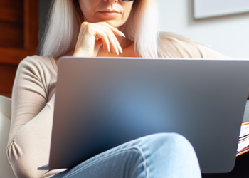 A woman on her couch, engrossed in reading about credit score intricacies on her laptop