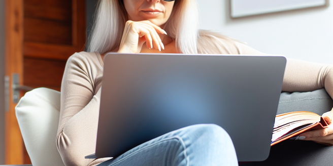 A woman on her couch, engrossed in reading about credit score intricacies on her laptop