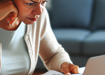 A woman sitting at a desk, looking at credit report on her laptop