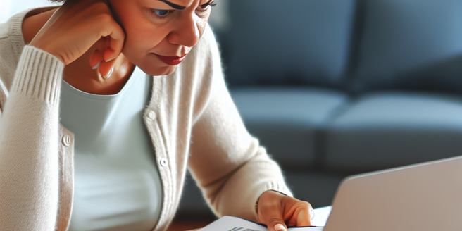 A woman sitting at a desk, looking at credit report on her laptop