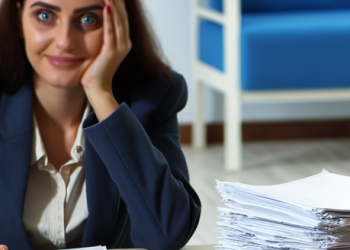 A woman sitting at a desk with a pile of papers representing a meticulous budget