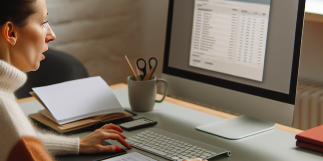 A woman sitting at her desk, organizing her freelance finances on her computer