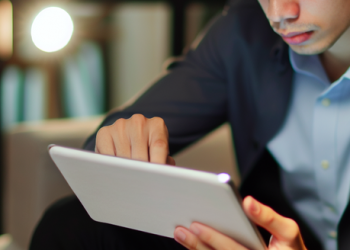 A young investor closely analyzing an investment risk report on his digital tablet