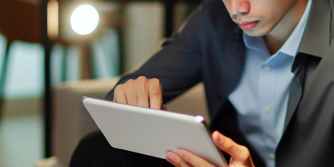 A young investor closely analyzing an investment risk report on his digital tablet