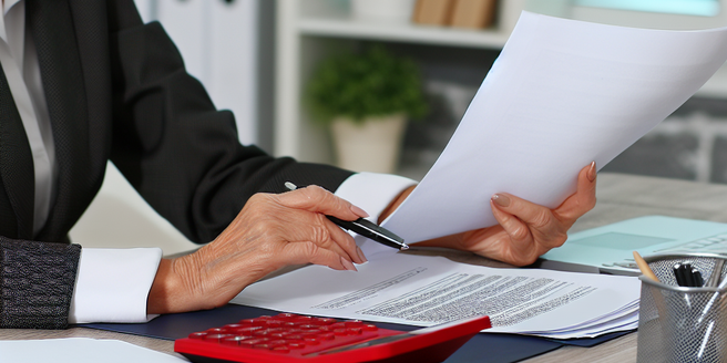 An accountant sitting at her desk checking documents
