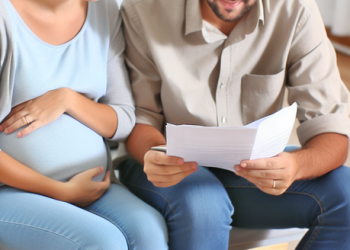 An expectant couple sitting at home, poring over budgeting documents
