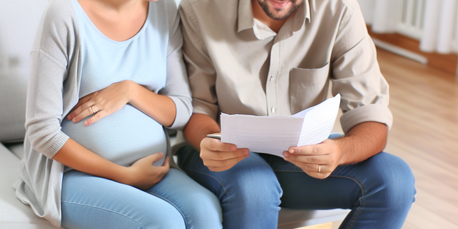 An expectant couple sitting at home, poring over budgeting documents