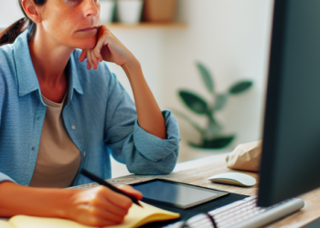 An image of a freelancer sitting on her desk, looking at the computer screen with a serious face
