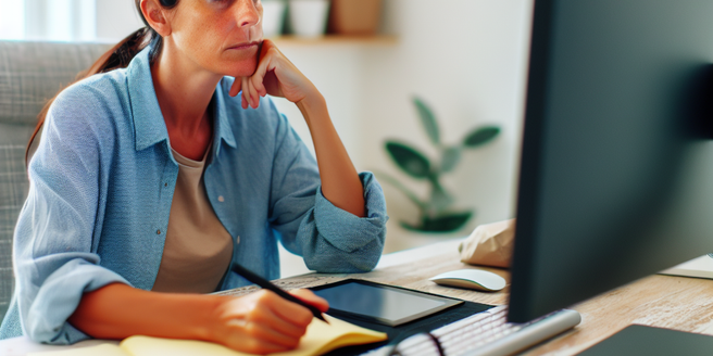 An image of a freelancer sitting on her desk, looking at the computer screen with a serious face
