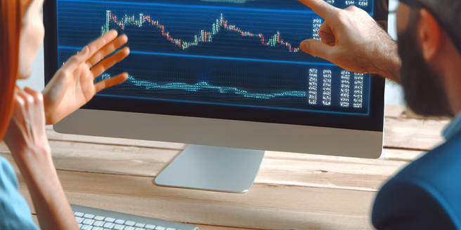 An image of two people analyzing a computer screen showing cryptocurrency rates