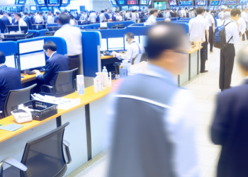 An image showing the trading floor of a stock exchange filled with brokers
