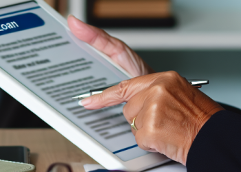 An individual carefully reviewing loan options on a device in a quiet environment