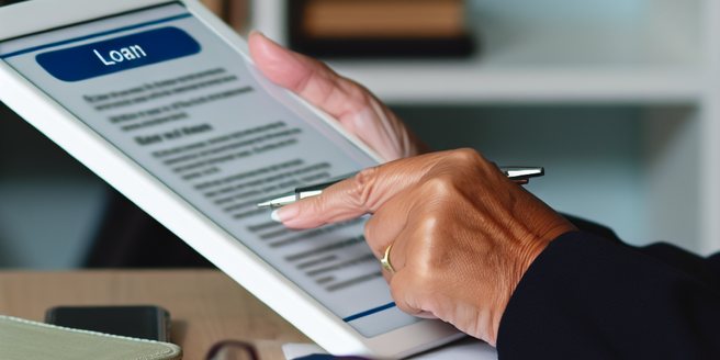 An individual carefully reviewing loan options on a device in a quiet environment