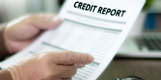 An individual reading a document with the title 'credit report